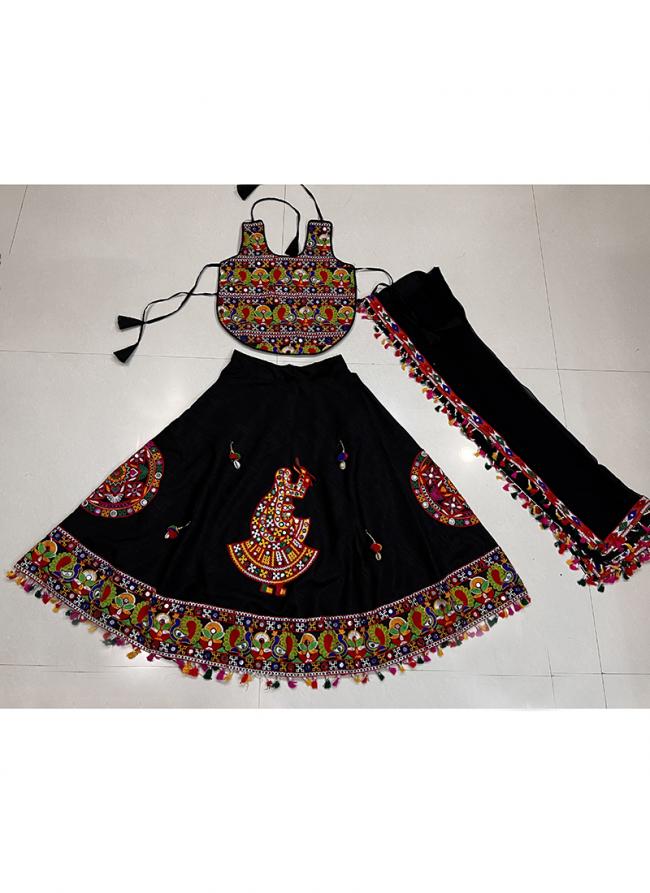 Art Silk Black Navratri Wear Kutchi Work Readymade Kids Lehenga Choli